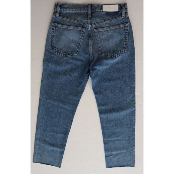 Re/Done Women's Sz 26 Blue Stove Pipe Crop Button Fly Raw Hem Denim Jeans $265 - Picture 2 of 10